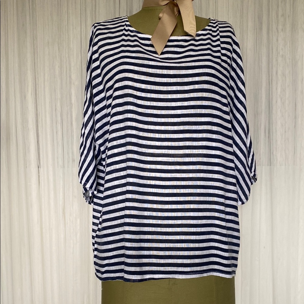 Froccella 95% Gauzy Cotton 5% Elastane Striped Navy and White Women's Top O/S
